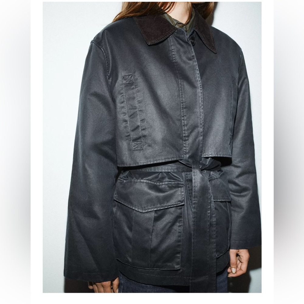 Zara Black Trench-Style Belted Jacket with Dark Brown Collar